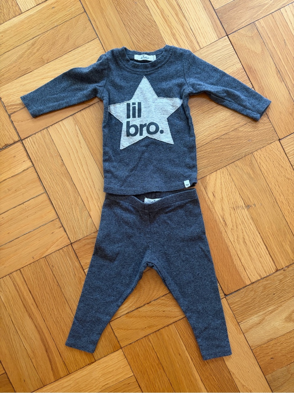 Oh Baby! Lil Bro baby Boy 3-6M Gray Two-Piece Baby Set Shirt & Pants 100% Cotton